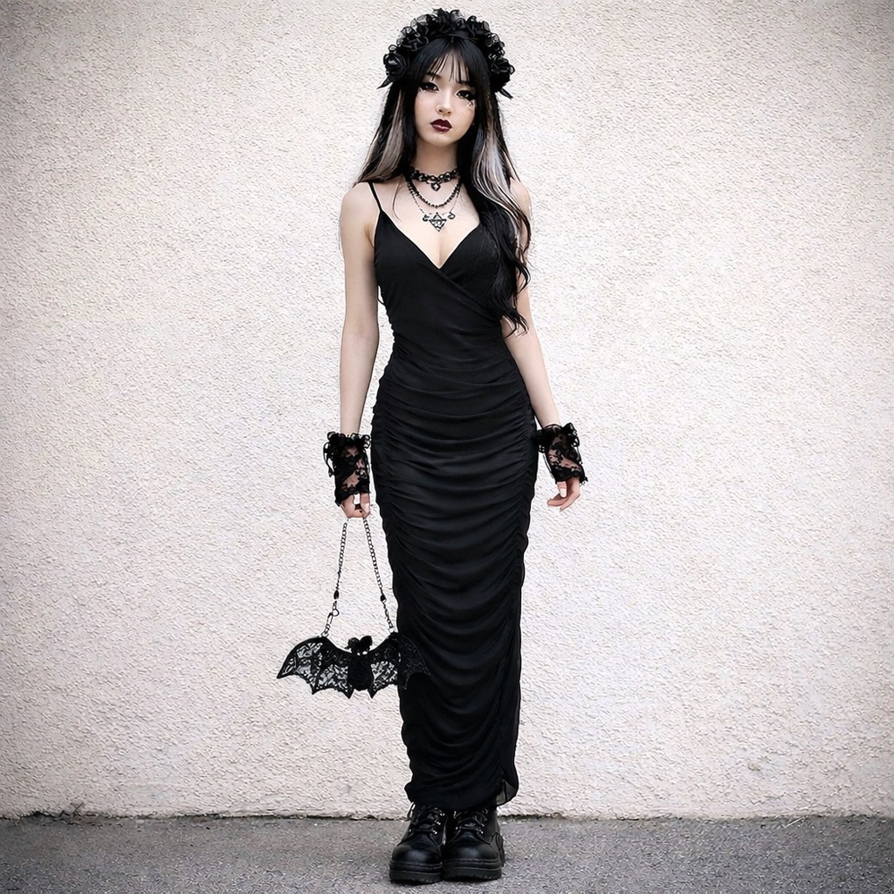 Y2K Goth Black Ruched Bodycon Maxi Dress | WhimsyGoth | Vampire Chic